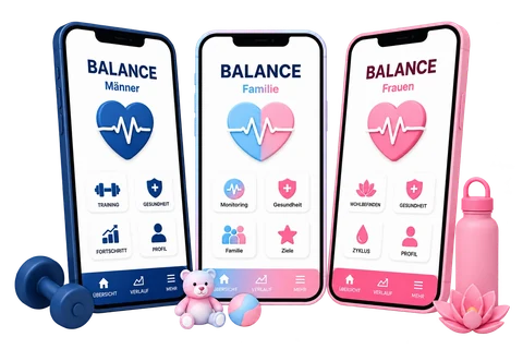 Drei Smartphones mit der BALANCE App für Männer, Familie und Frauen