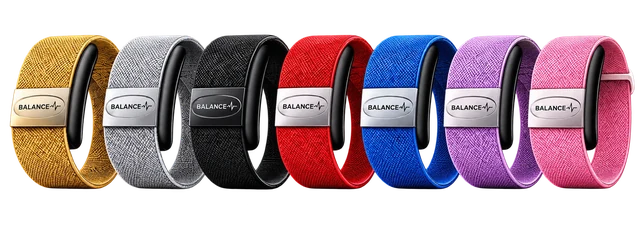 Sieben BALANCE-Bänder in Gold, Silber, Schwarz, Rot, Blau, Lila und Pink